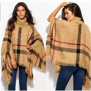 Plaid Fringe Poncho Sweater
